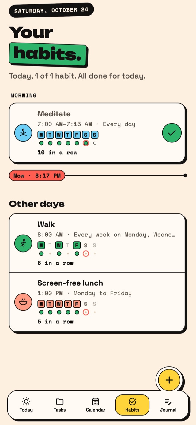 Brizday habits, checked off with one tap.