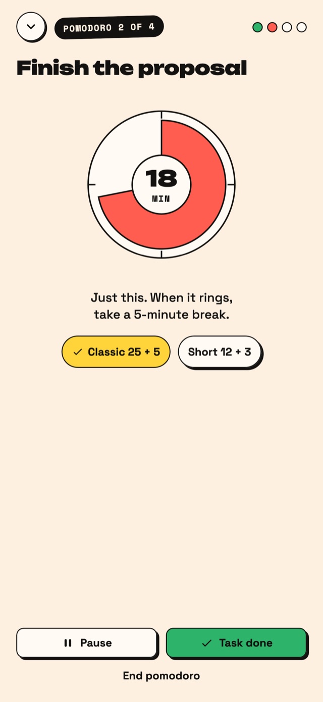 Brizday's Pomodoro with a single task on screen.