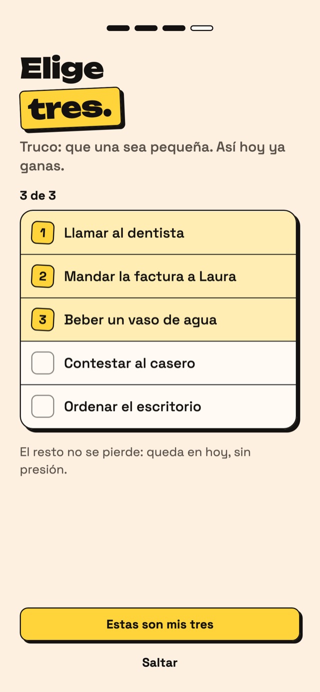 Brizday pidiendo elegir tres cosas para hoy.