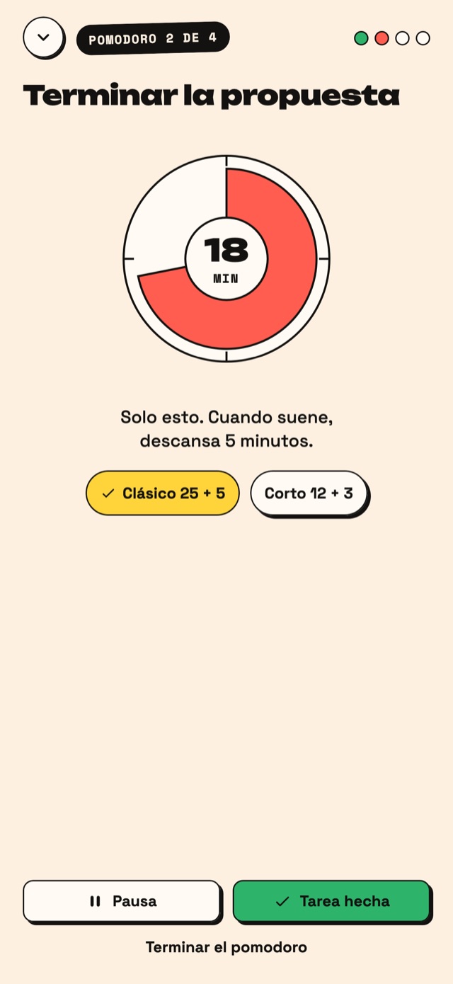 Pomodoro de Brizday con una sola tarea en pantalla.
